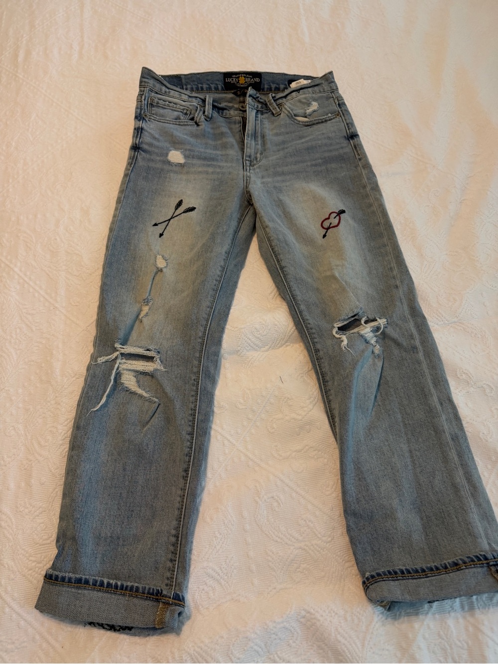Lucky brand Light Wash Distressed Women's Jeans with Embroidered Details